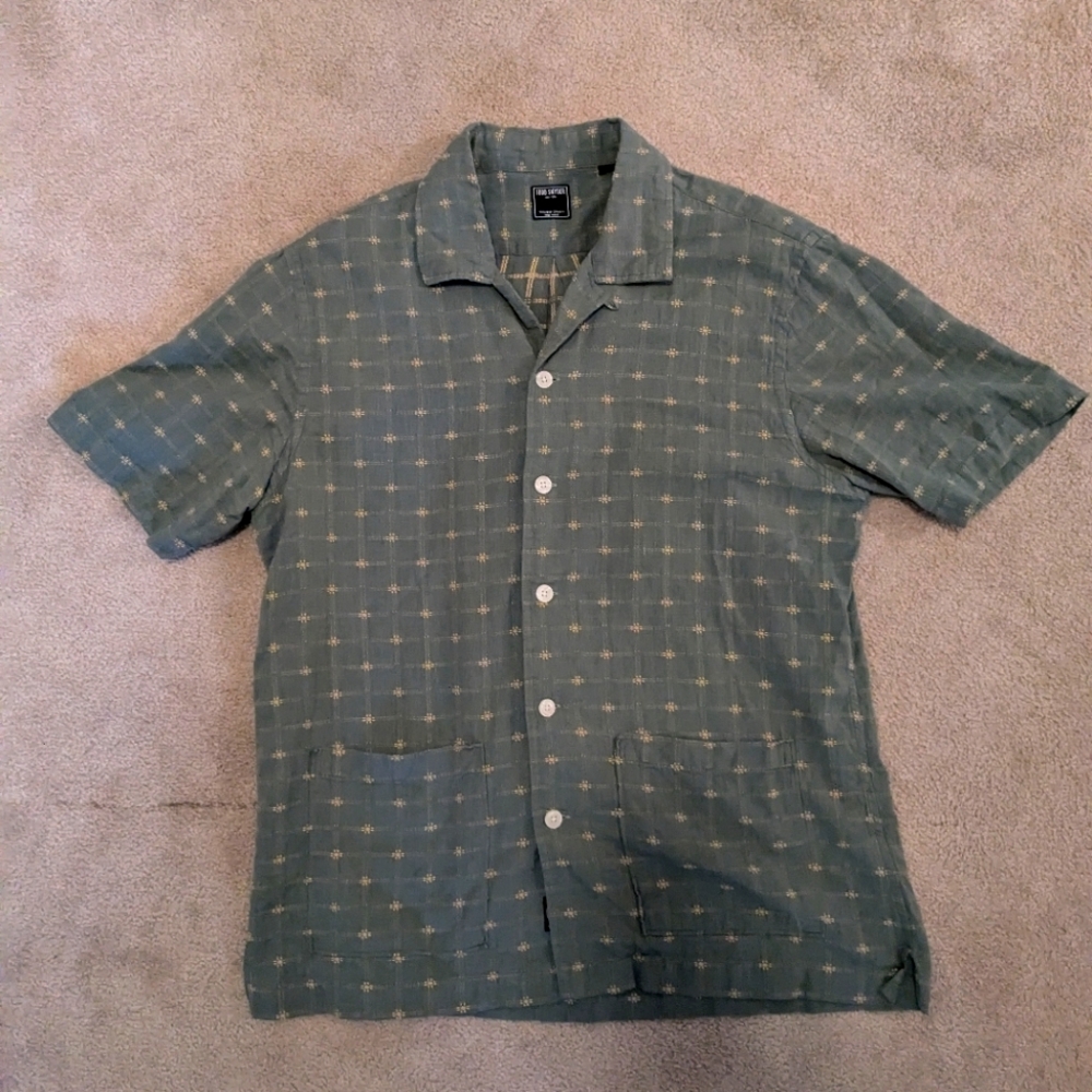Todd Snyder Camp Shirt w/ Cabana Pockets - Cool green with faded yellow, Size L